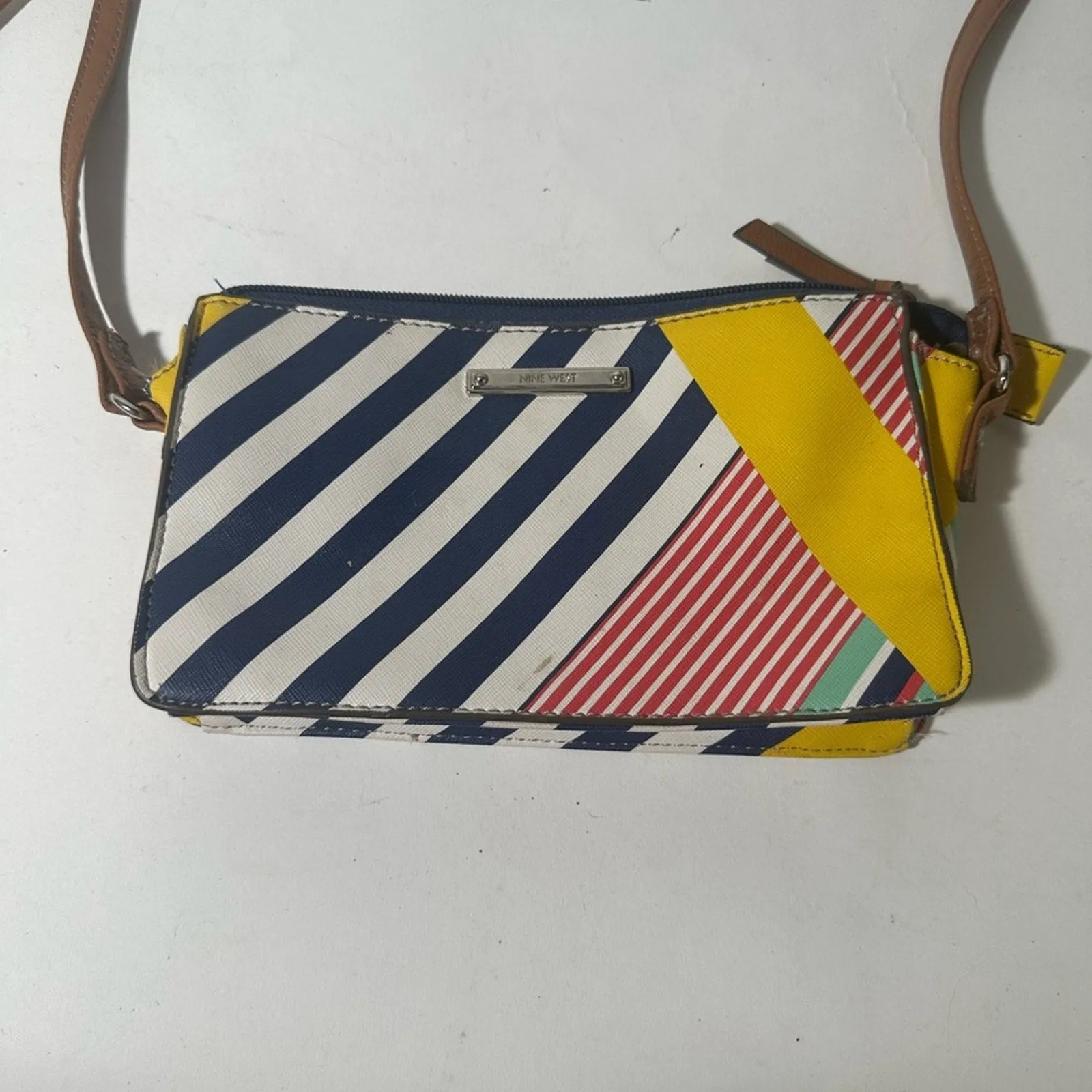 Blue and Yellow Artistic Crossbody Bag with Geometric Design