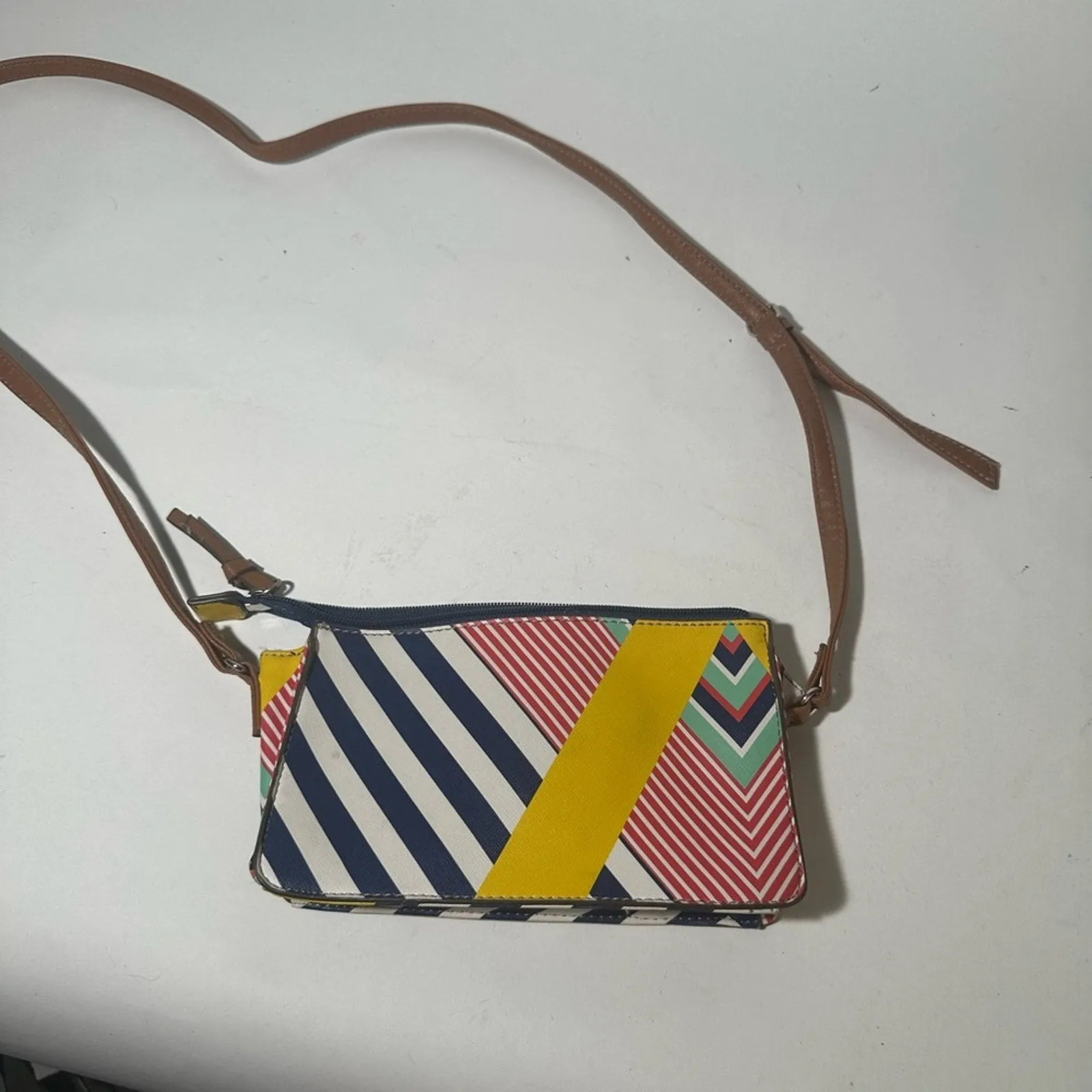 Blue and Yellow Artistic Crossbody Bag with Geometric Design