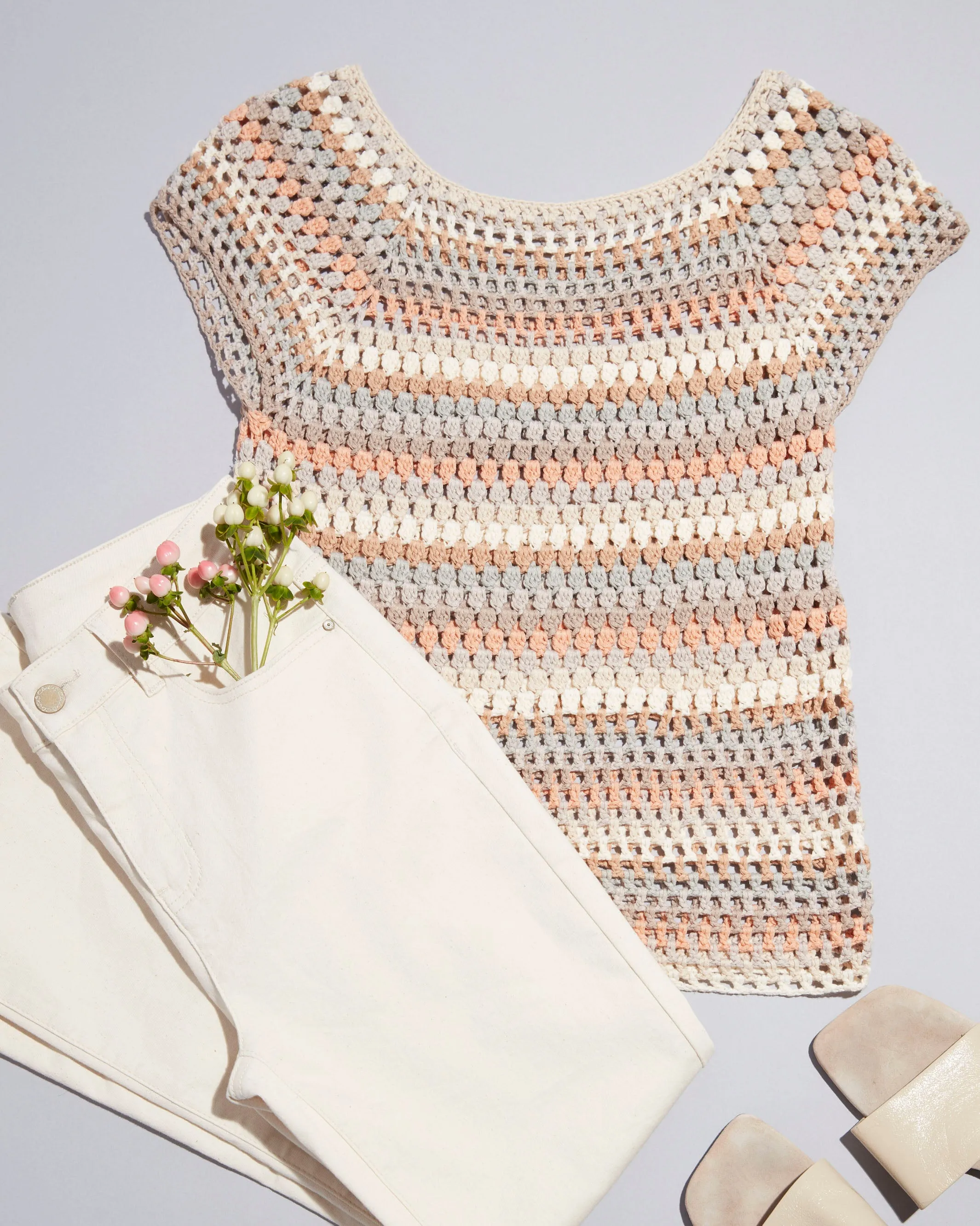Crochet Cap Sleeve Top - Pebble