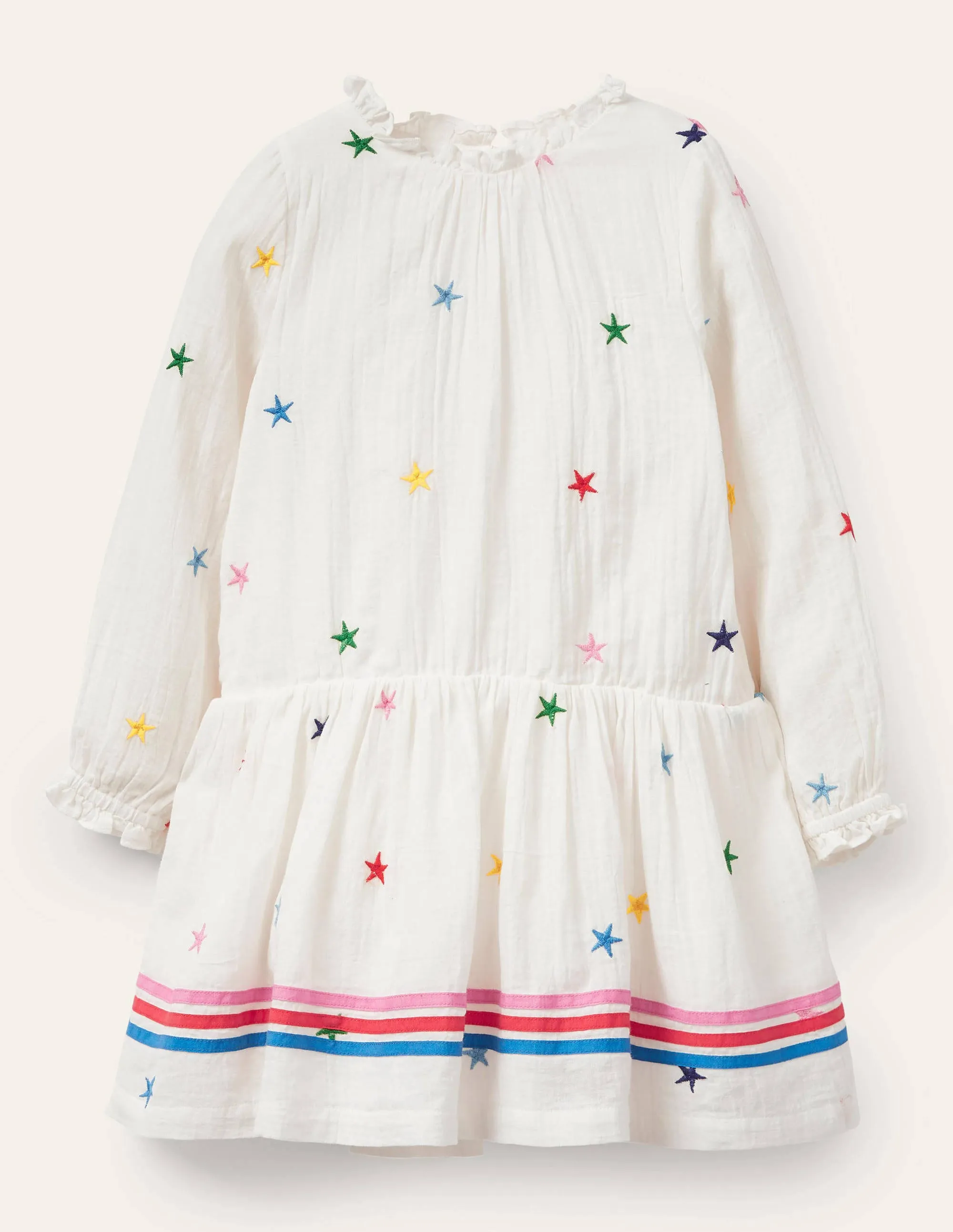 Embroidered Woven Dress-Ivory Stars