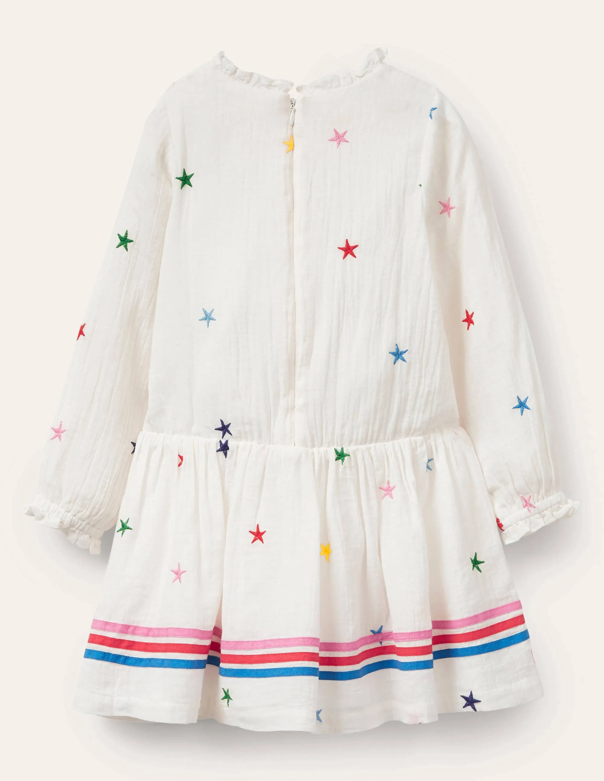 Embroidered Woven Dress-Ivory Stars