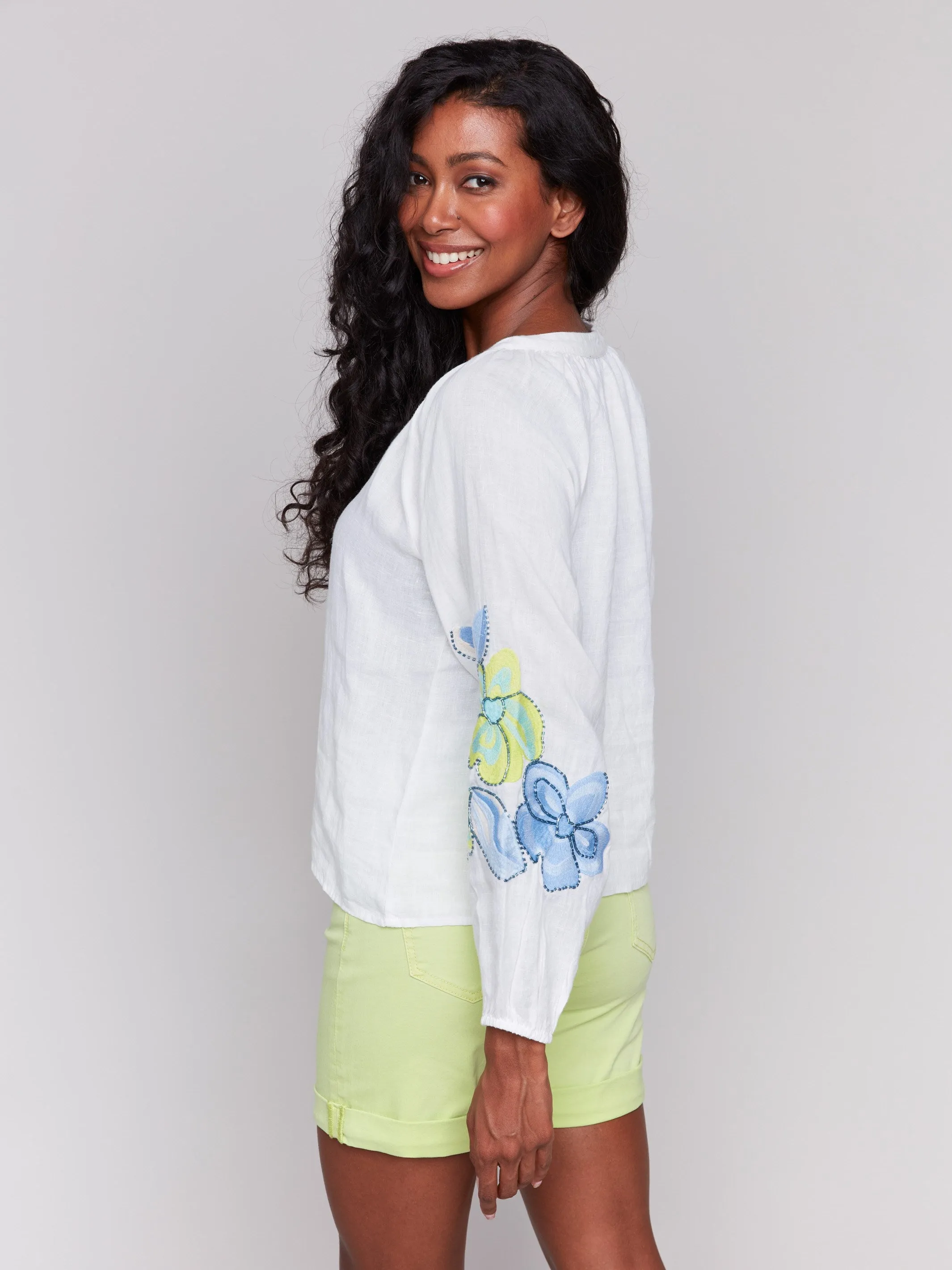 Linen Blend Button-Front Embroidered Blouse - Anise