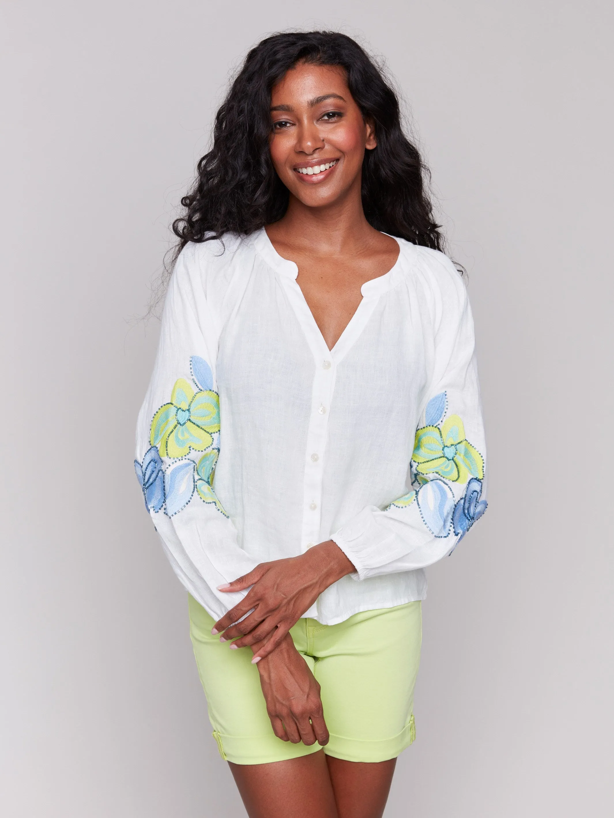 Linen Blend Button-Front Embroidered Blouse - Anise