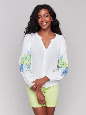 Linen Blend Button-Front Embroidered Blouse - Anise