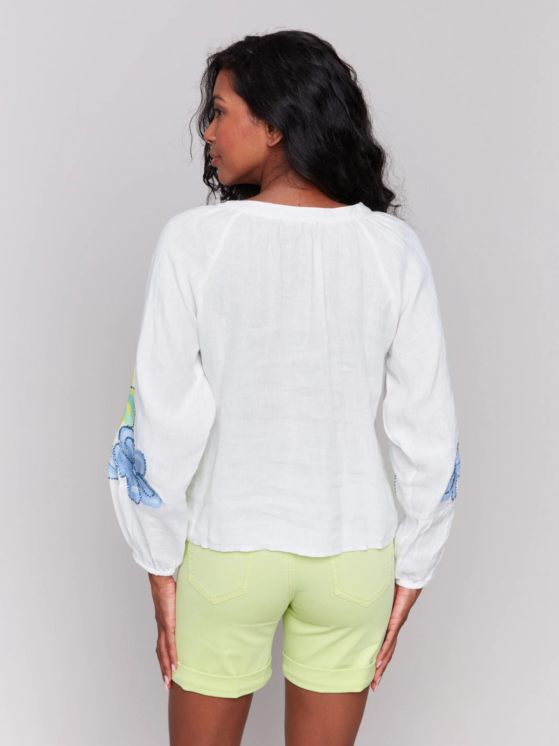 Linen Blend Button-Front Embroidered Blouse - Anise