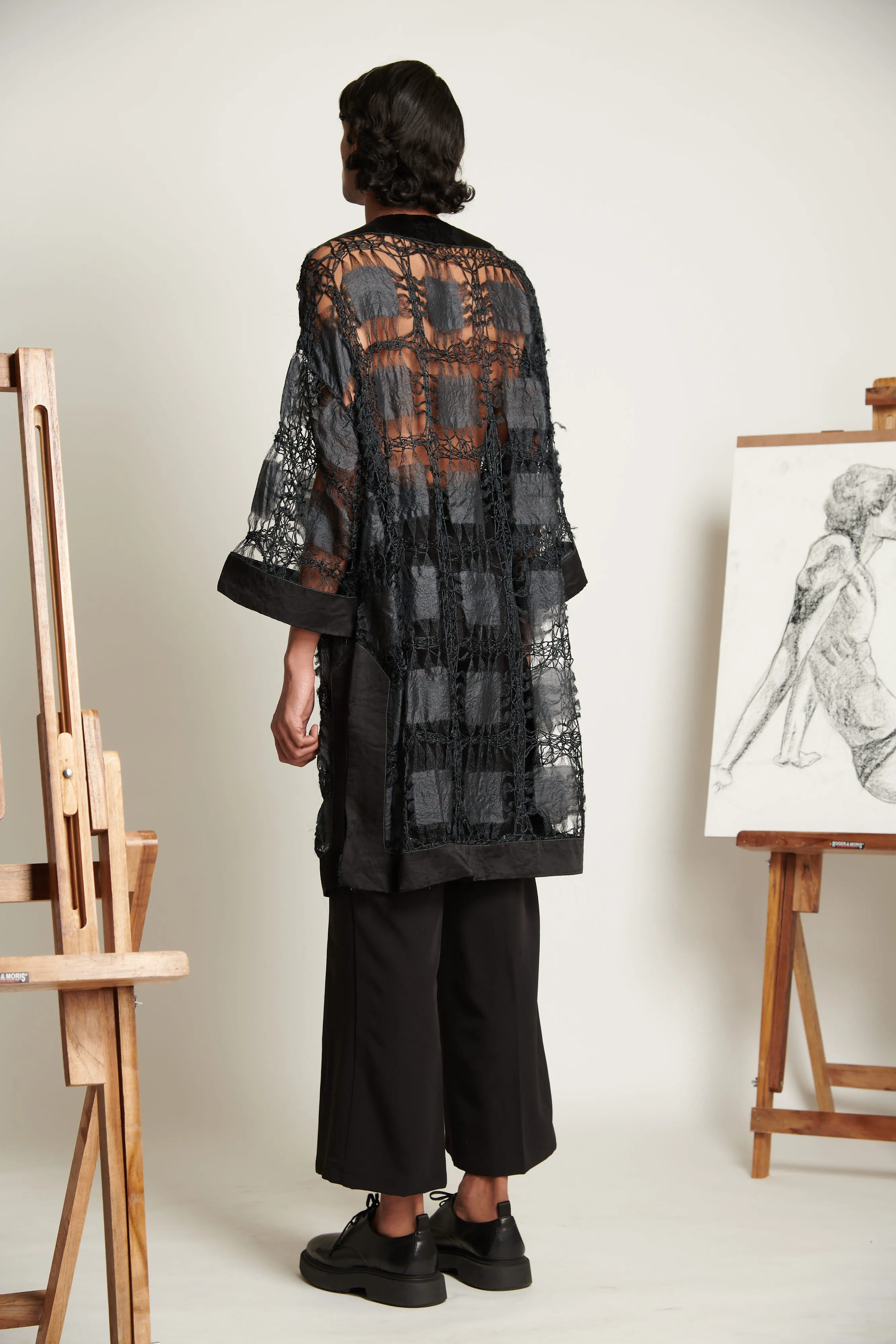 Onyx Geometric Woven Mesh Kurta with Pants