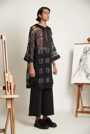 Onyx Geometric Woven Mesh Kurta with Pants