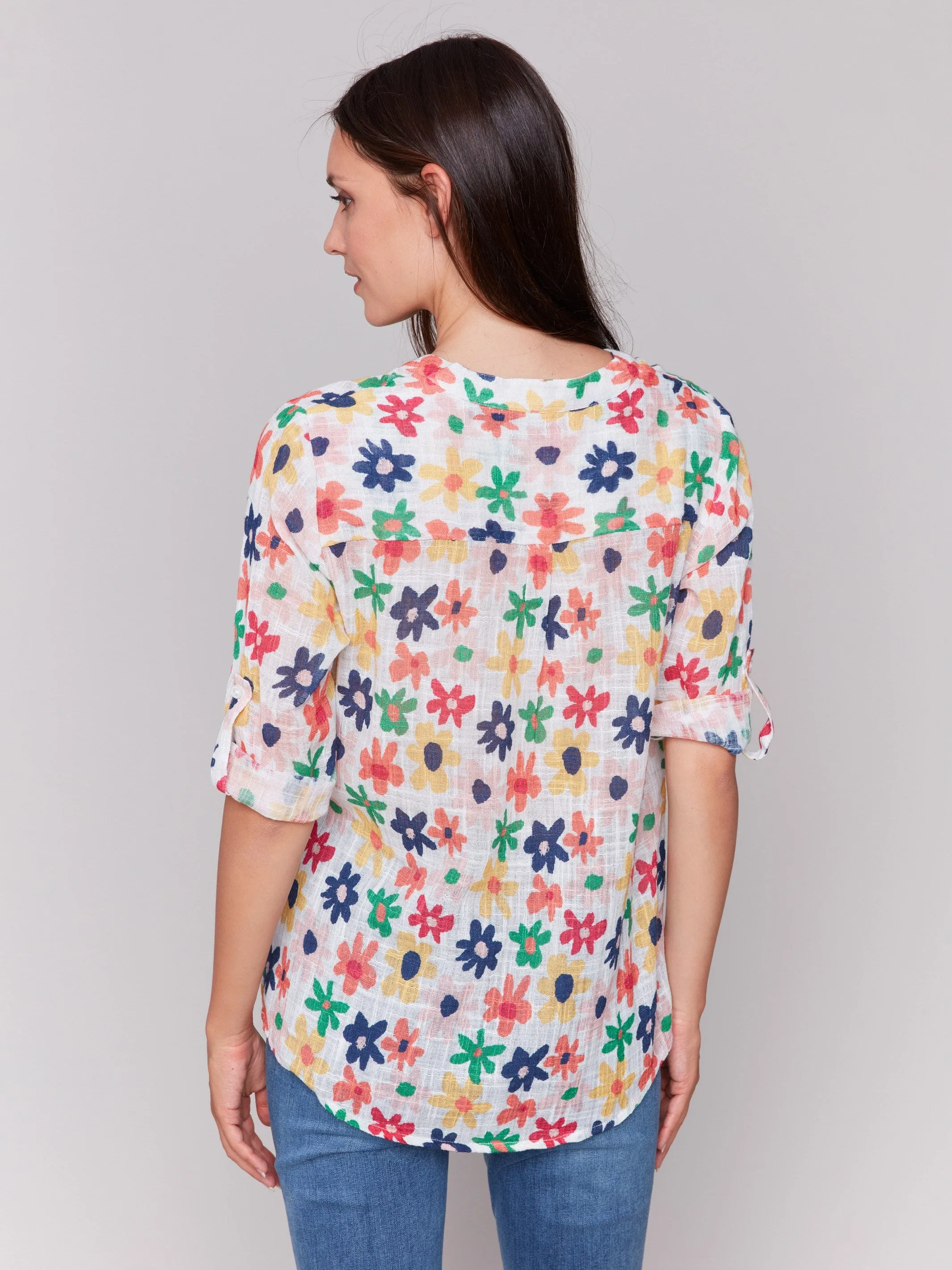 Printed Cotton Gauze Half-Button Blouse - Daisies