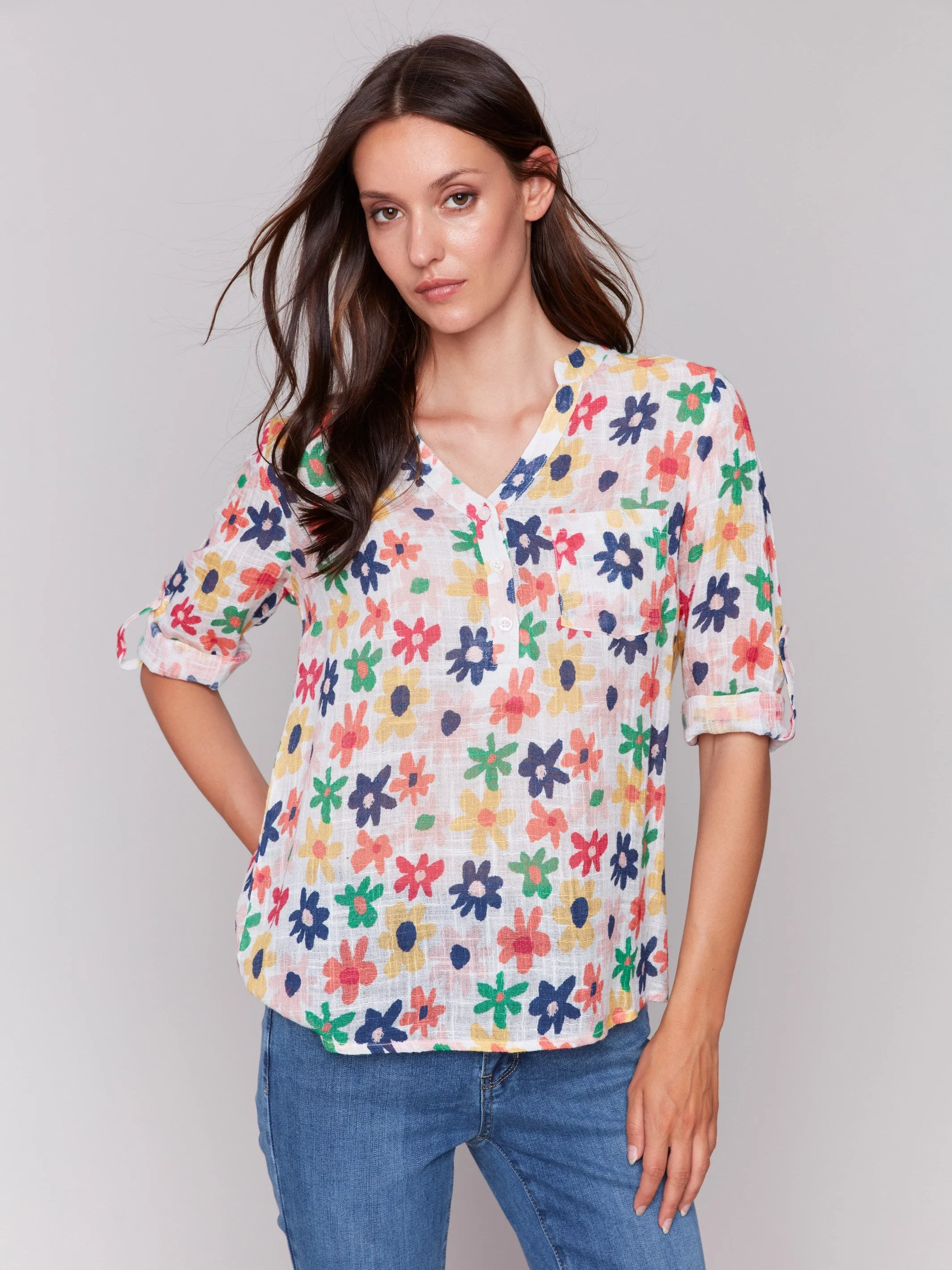Printed Cotton Gauze Half-Button Blouse - Daisies