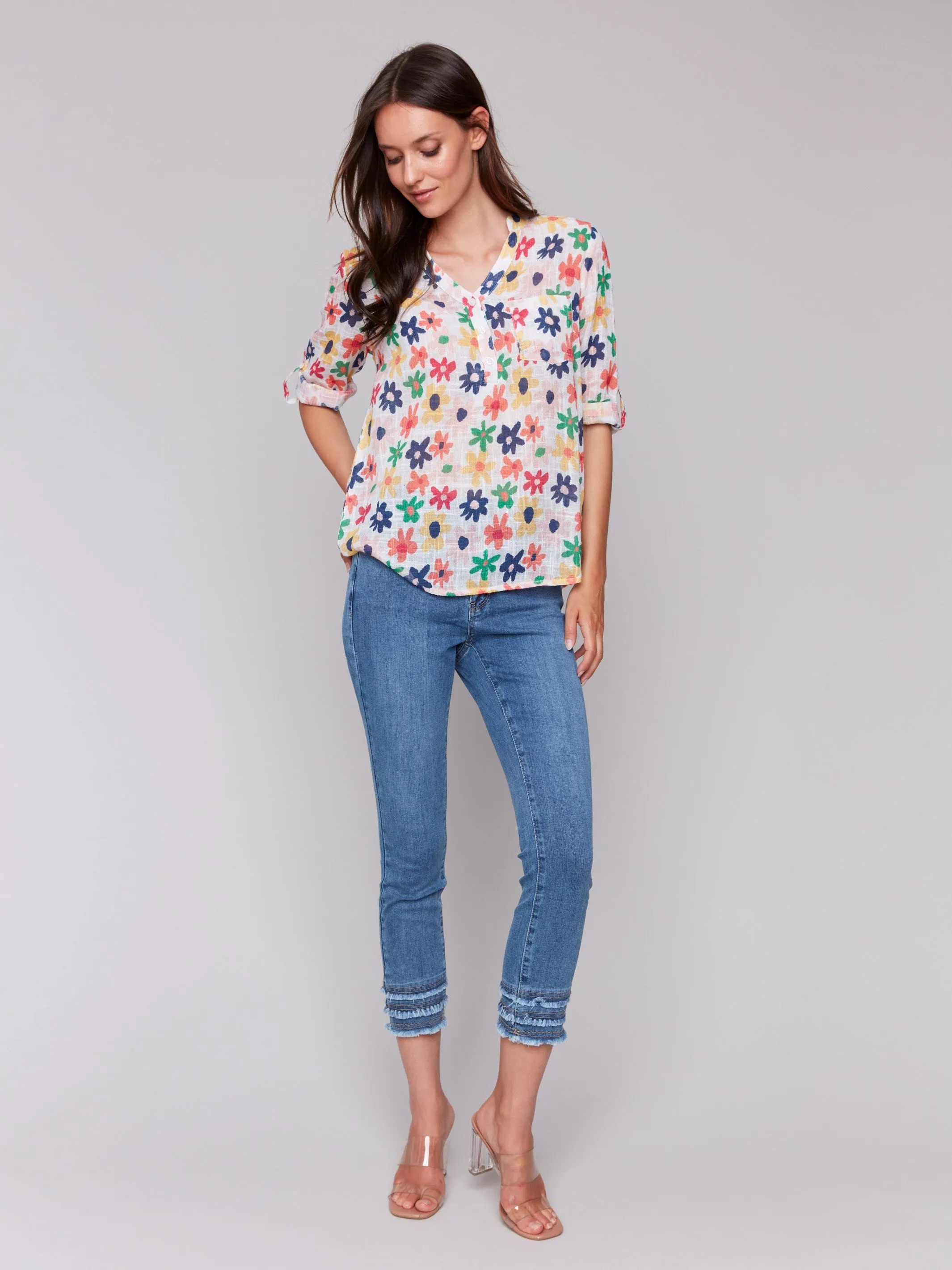 Printed Cotton Gauze Half-Button Blouse - Daisies