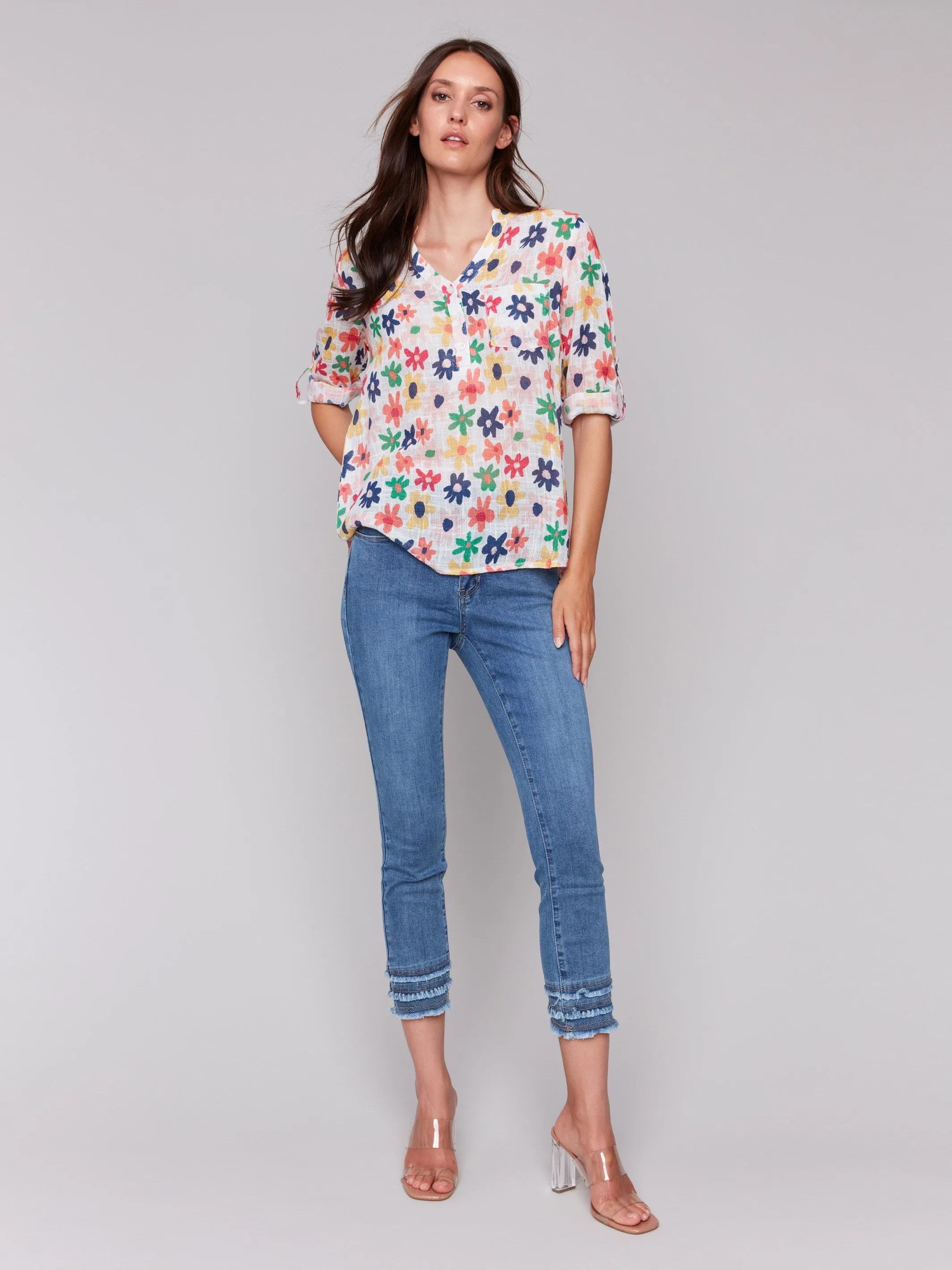 Printed Cotton Gauze Half-Button Blouse - Daisies