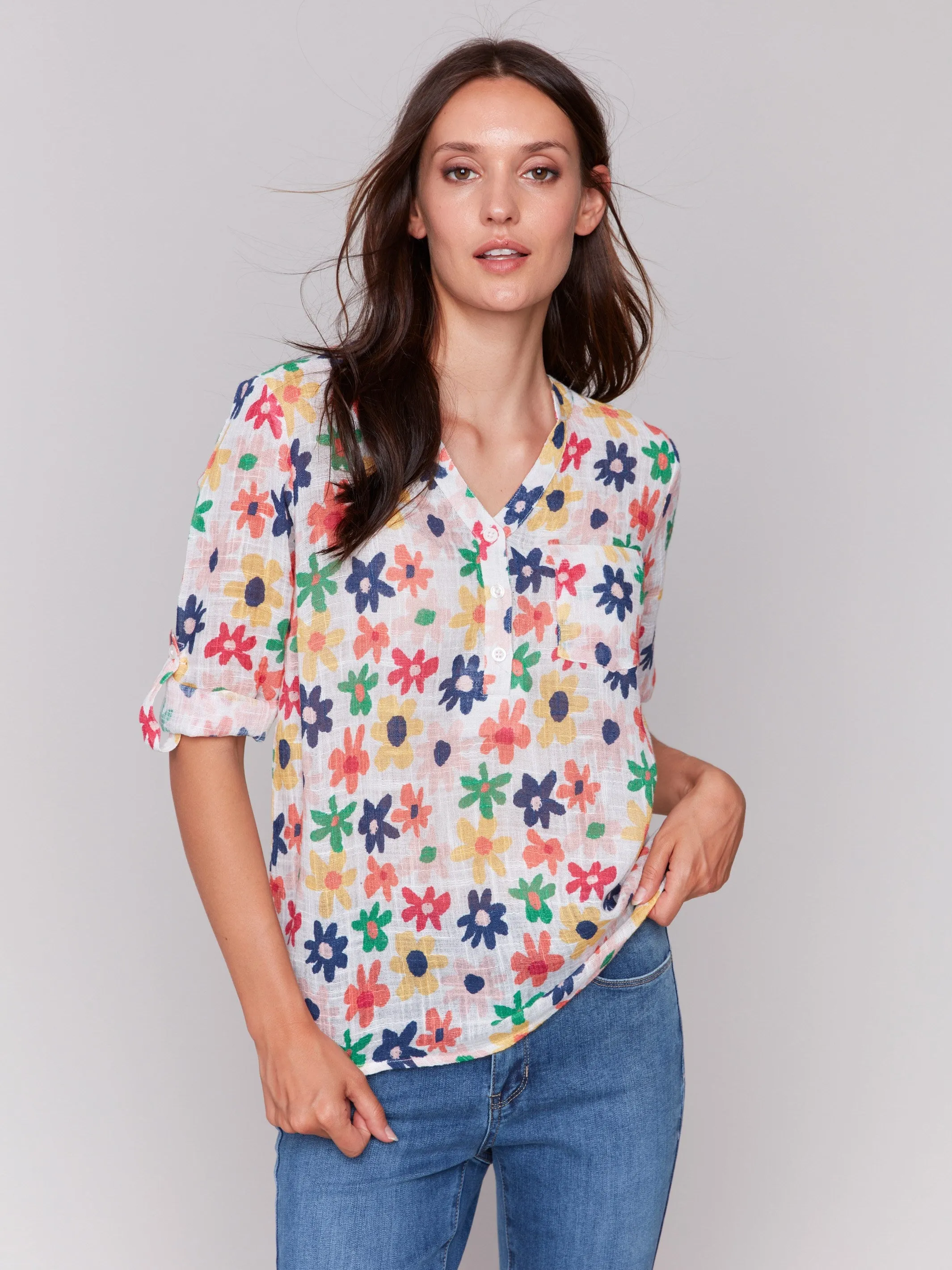 Printed Cotton Gauze Half-Button Blouse - Daisies