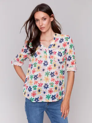 Printed Cotton Gauze Half-Button Blouse - Daisies