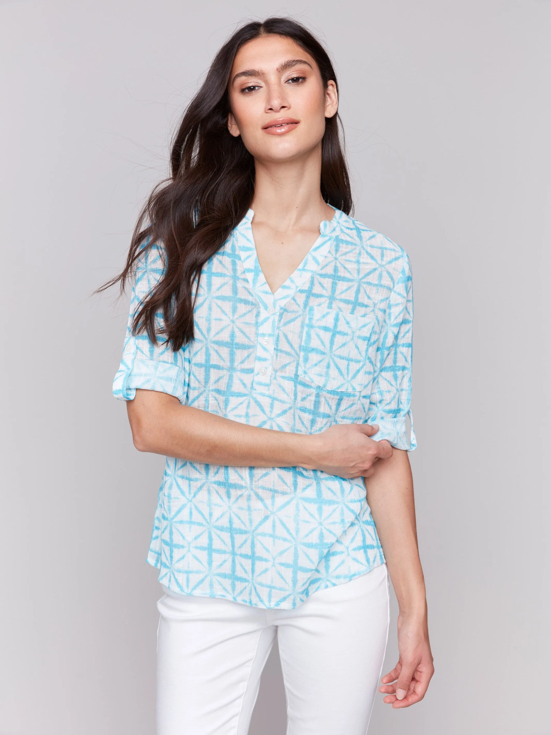 Printed Cotton Gauze Half-Button Blouse - Lagoon