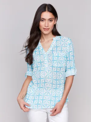Printed Cotton Gauze Half-Button Blouse - Lagoon