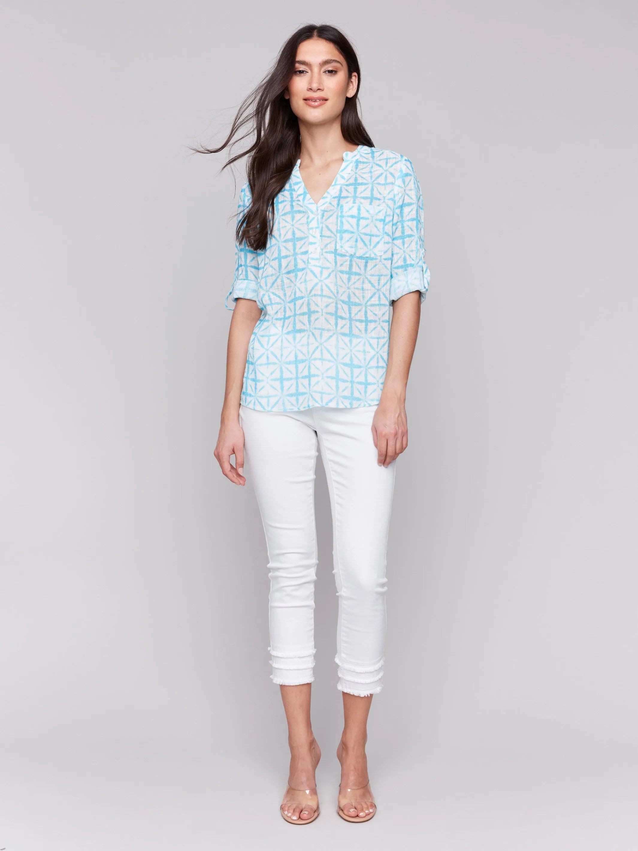 Printed Cotton Gauze Half-Button Blouse - Lagoon