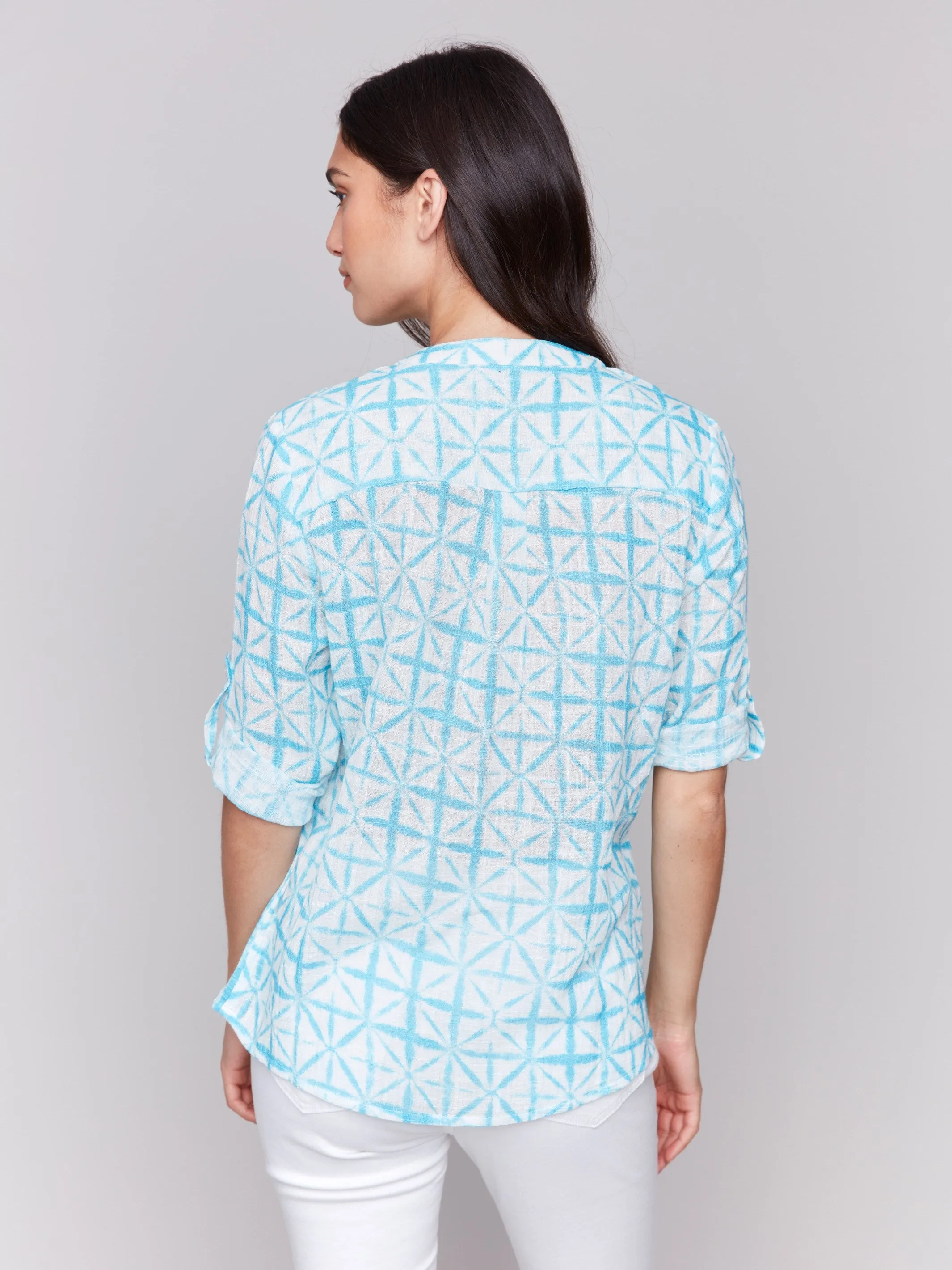 Printed Cotton Gauze Half-Button Blouse - Lagoon