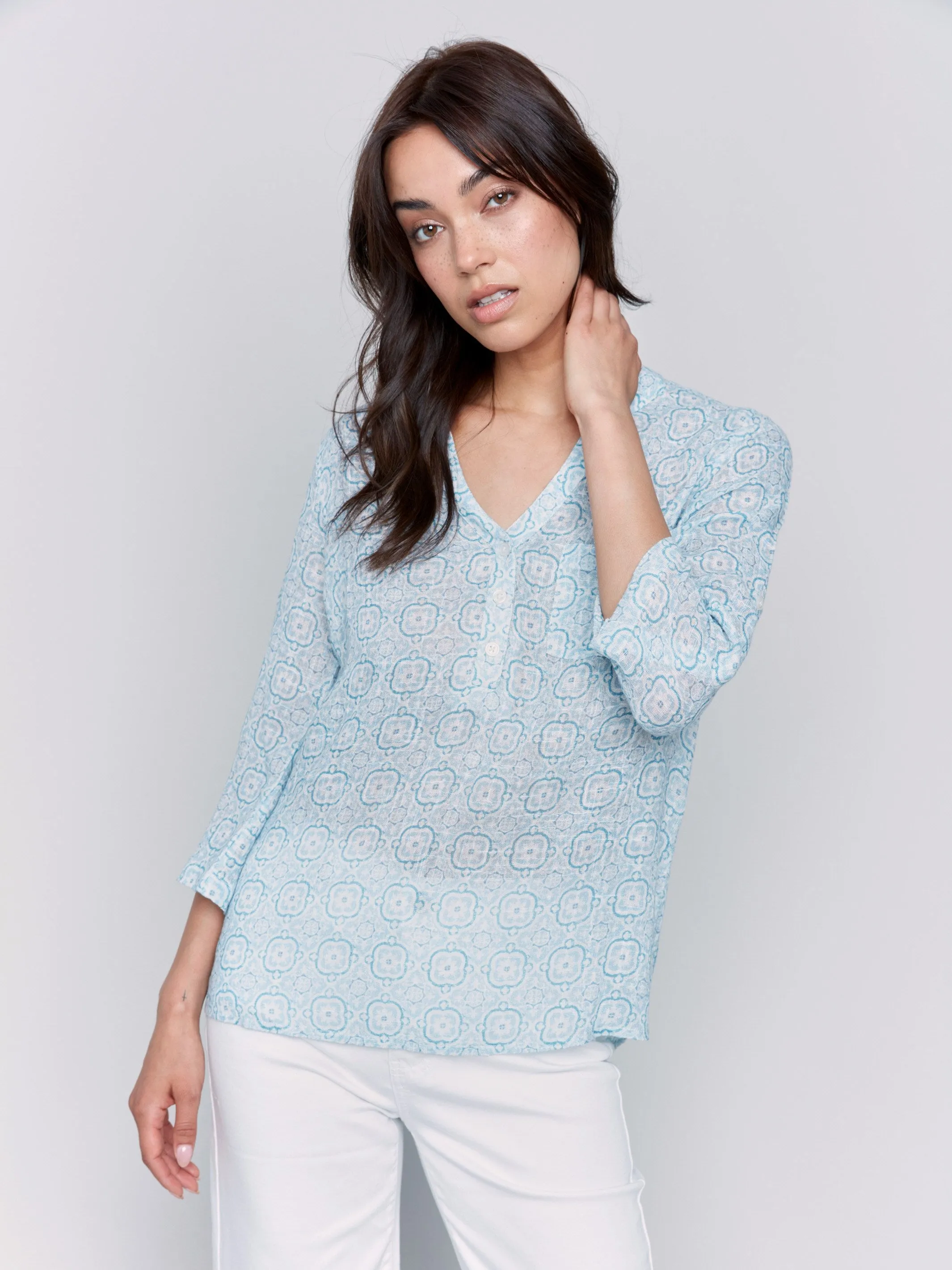 Printed Cotton Gauze Half-Button Blouse - Tiles