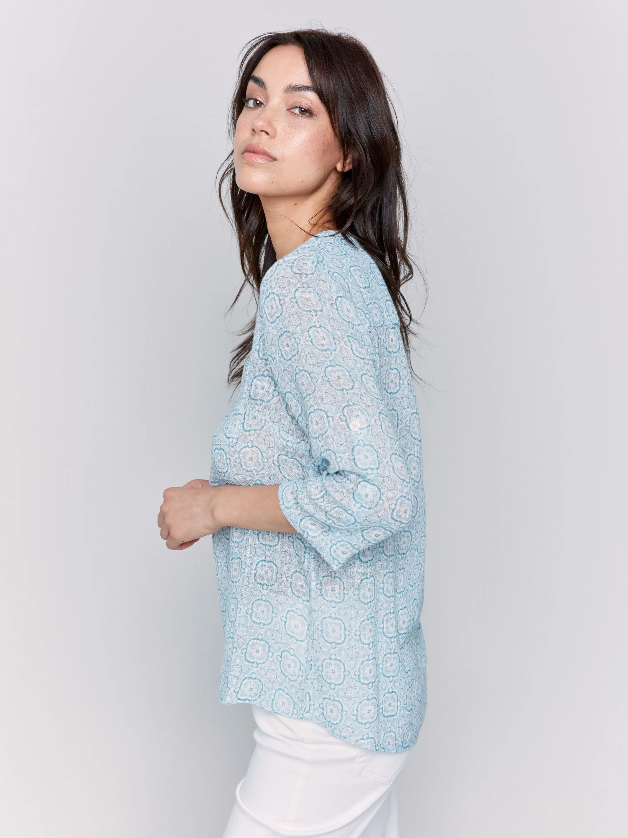 Printed Cotton Gauze Half-Button Blouse - Tiles