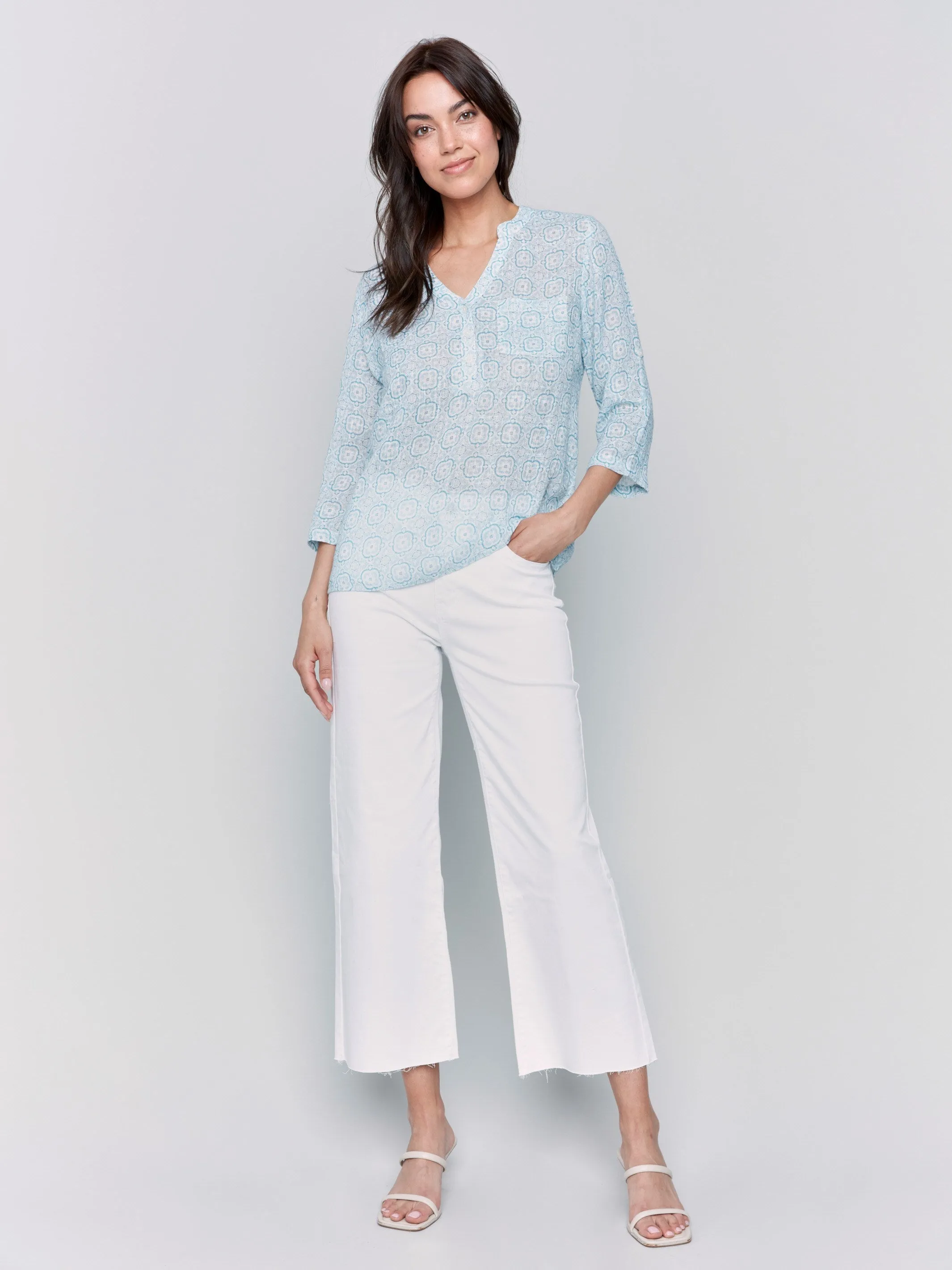 Printed Cotton Gauze Half-Button Blouse - Tiles