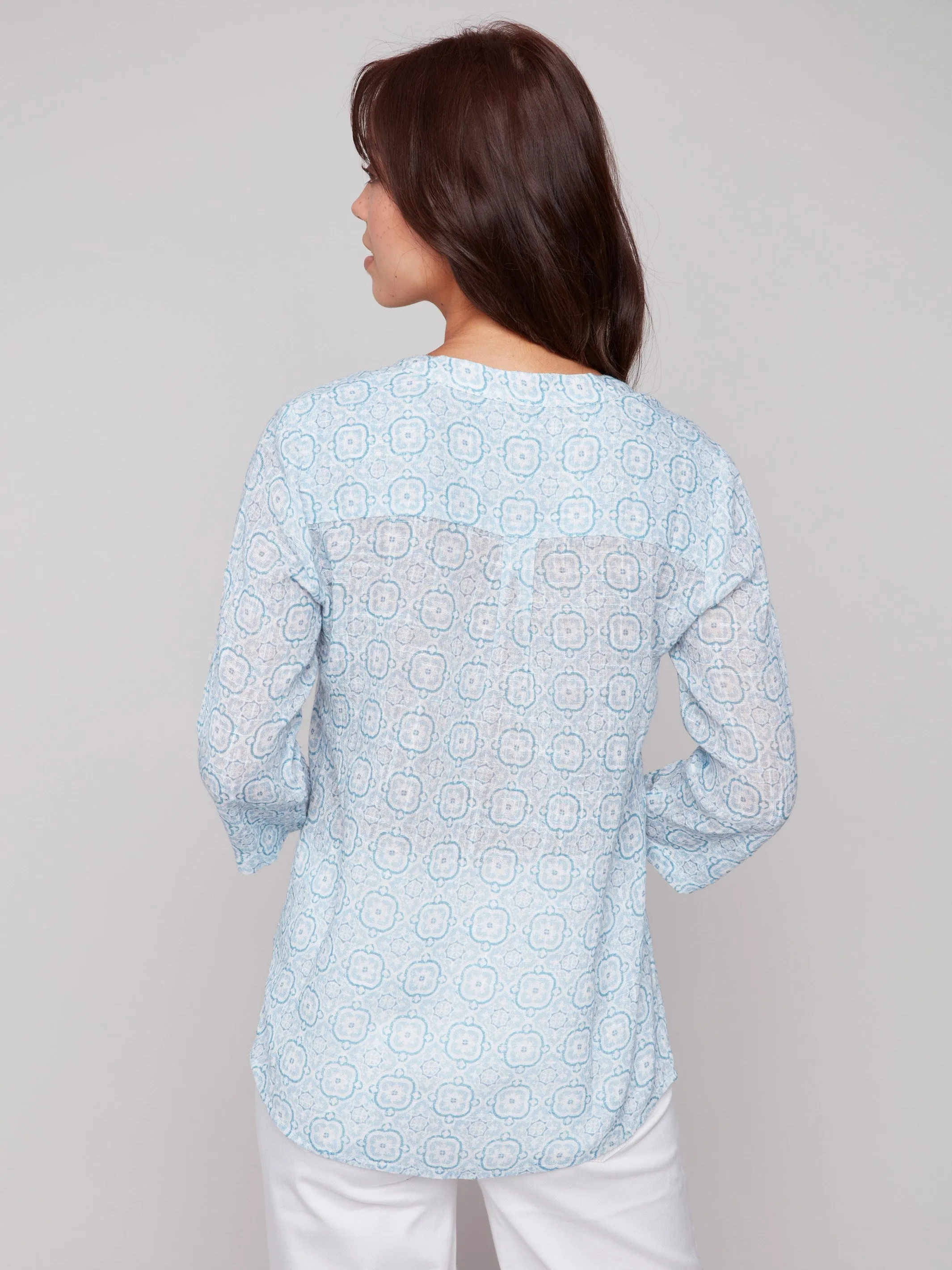 Printed Cotton Gauze Half-Button Blouse - Tiles