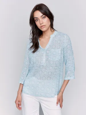 Printed Cotton Gauze Half-Button Blouse - Tiles