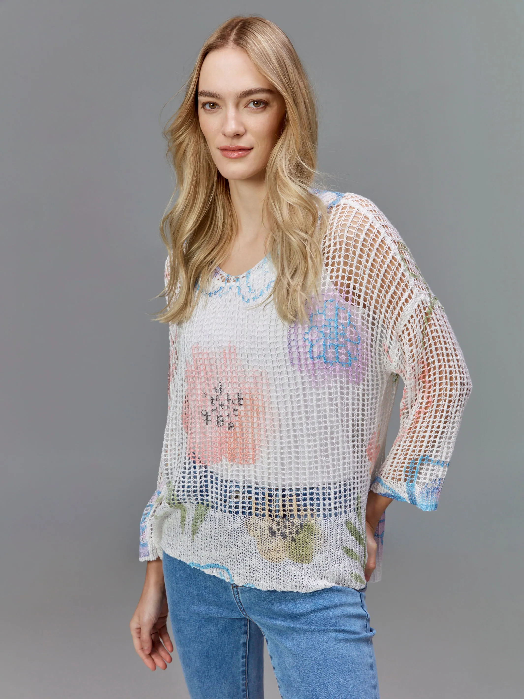 Printed Fishnet Crochet Sweater - Watercolor