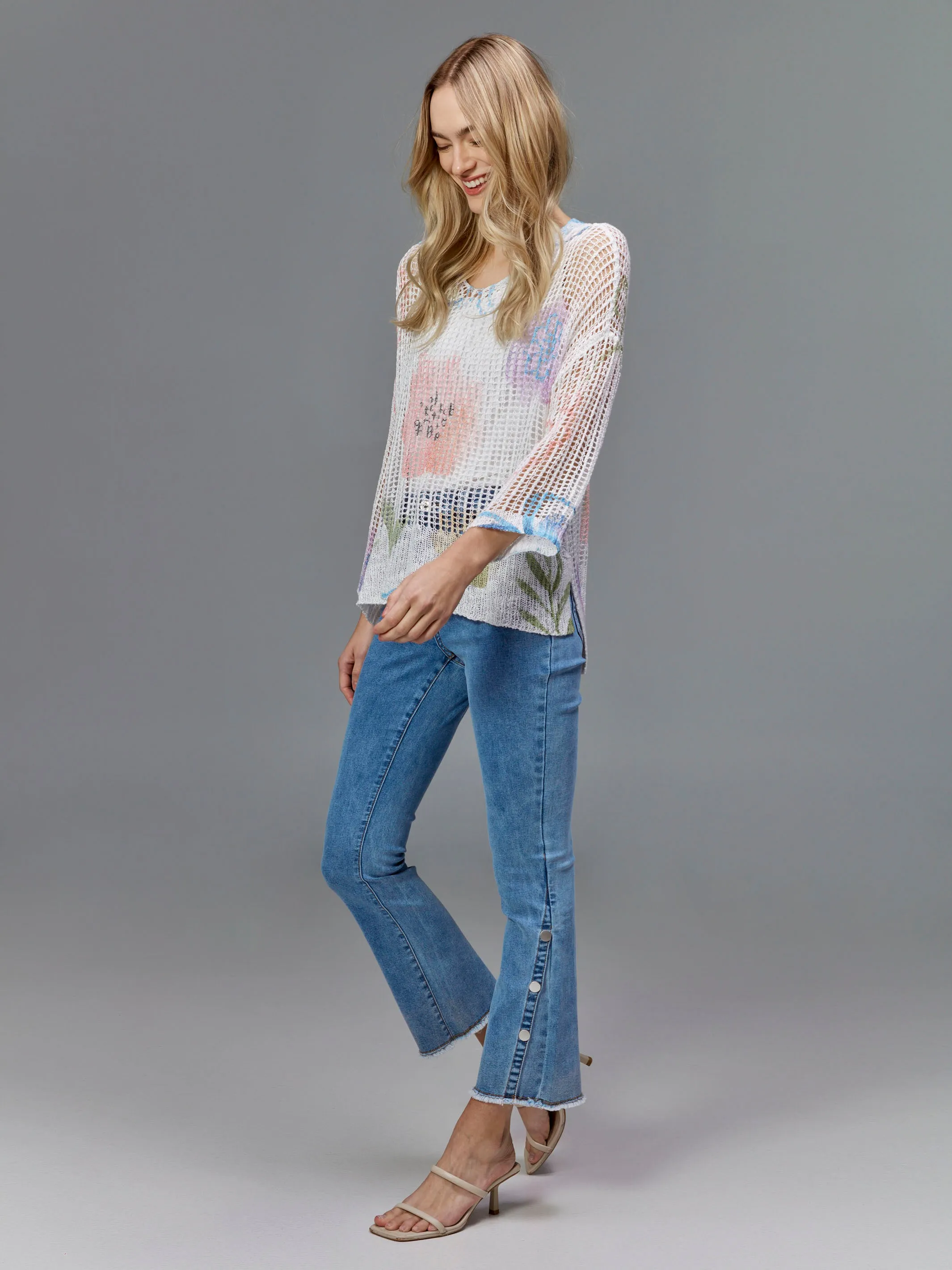 Printed Fishnet Crochet Sweater - Watercolor