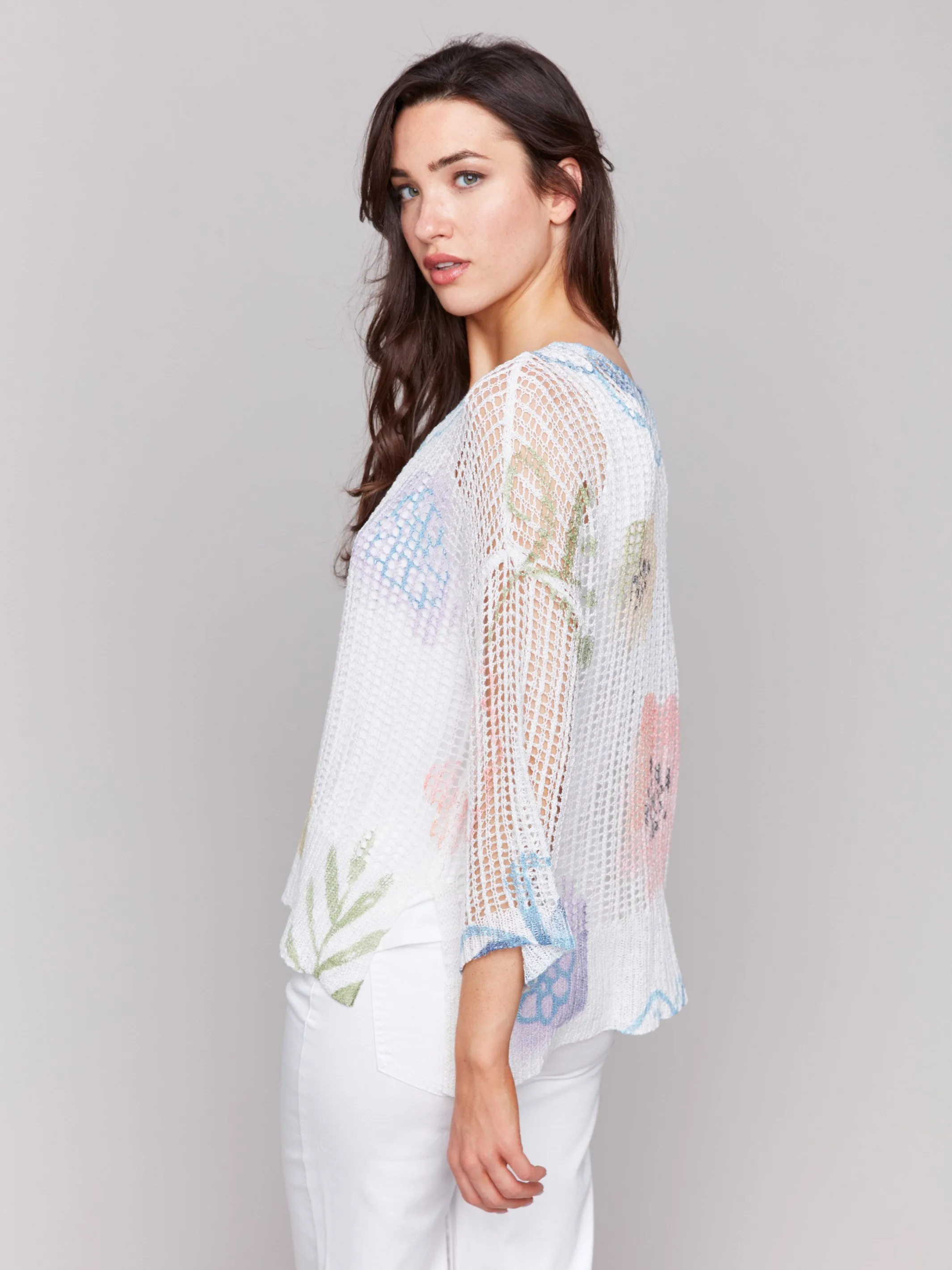 Printed Fishnet Crochet Sweater - Watercolor