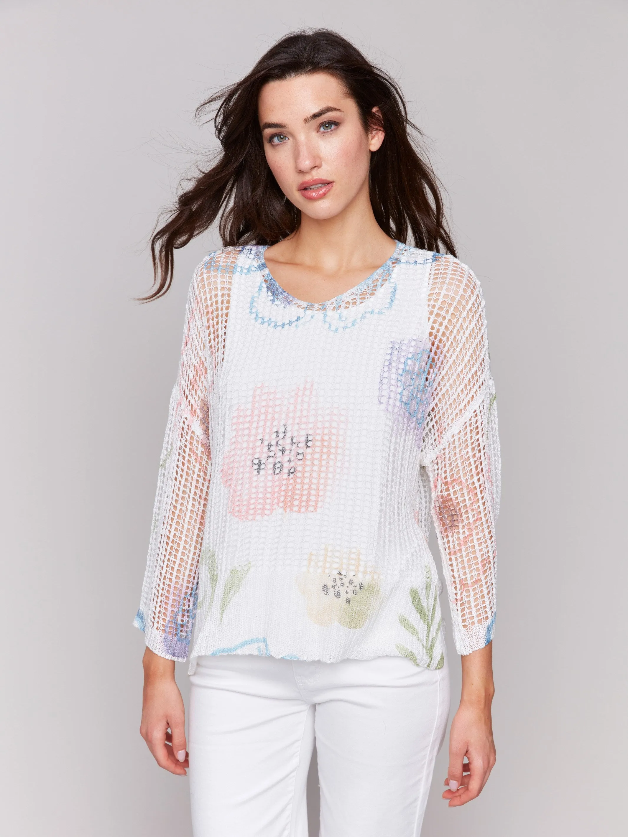 Printed Fishnet Crochet Sweater - Watercolor