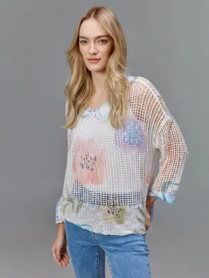 Printed Fishnet Crochet Sweater - Watercolor