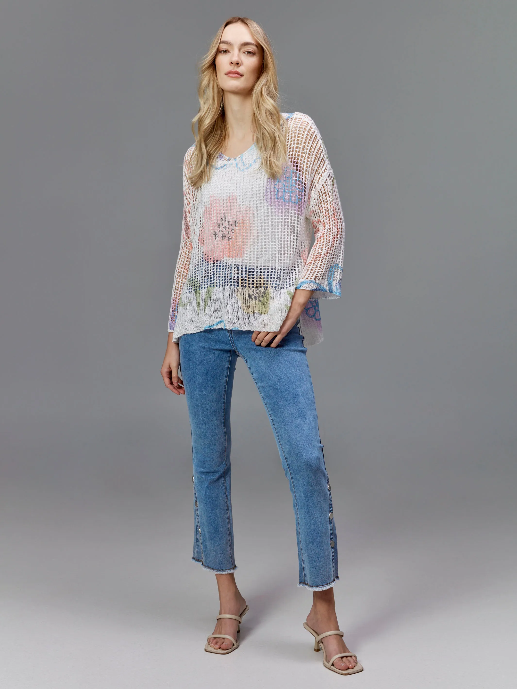 Printed Fishnet Crochet Sweater - Watercolor