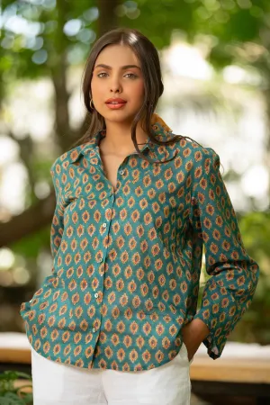 Women Cotton Printed Collarneck Loose Fit Shirt Green
