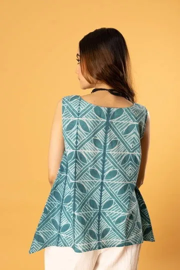 Women Cotton Shibori Roundneck Loose Fit Sleeveless Top Teal