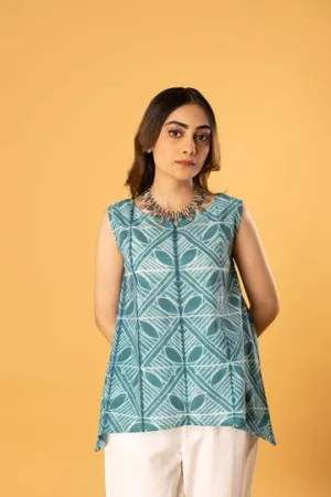 Women Cotton Shibori Roundneck Loose Fit Sleeveless Top Teal