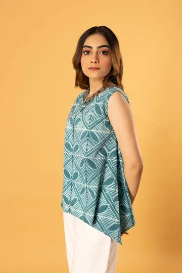 Women Cotton Shibori Roundneck Loose Fit Sleeveless Top Teal