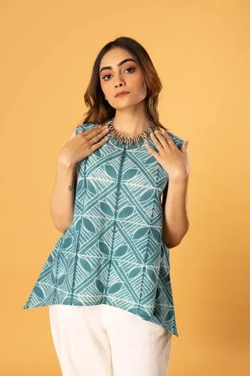 Women Cotton Shibori Roundneck Loose Fit Sleeveless Top Teal