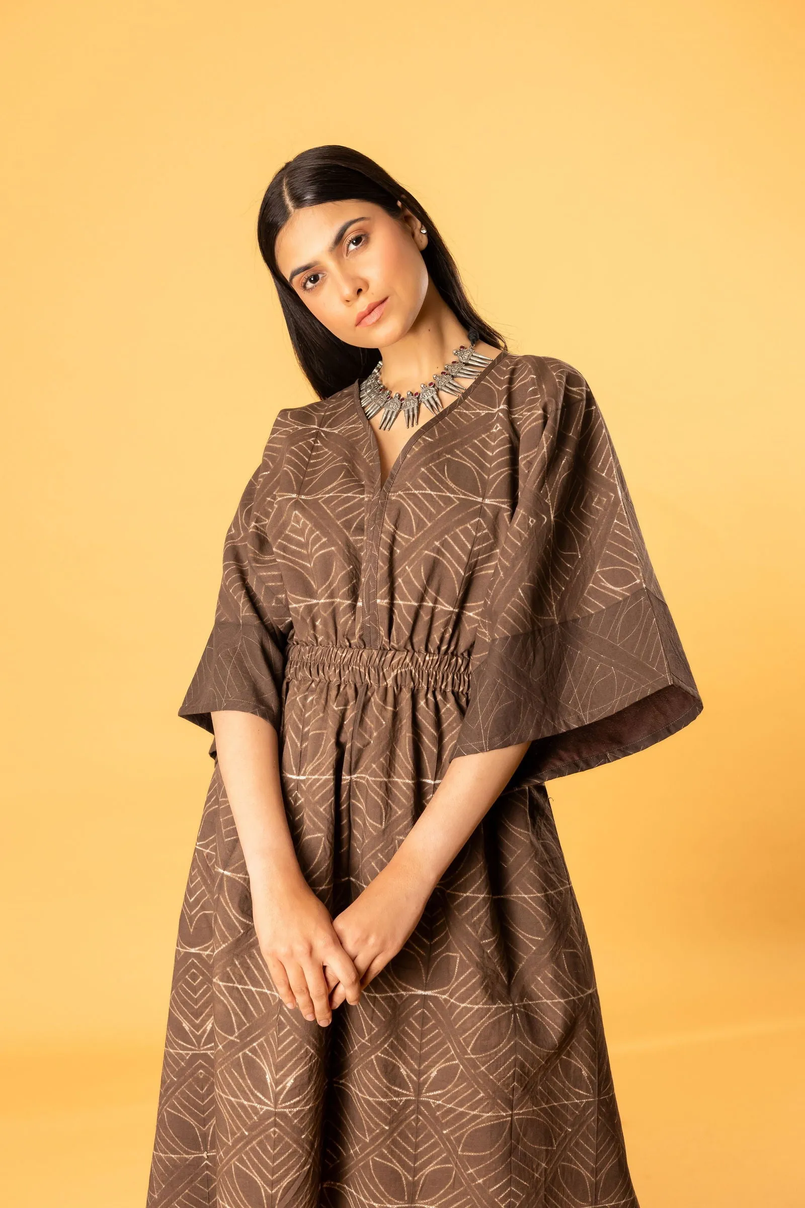Women Cotton Shibori Vneck Regular Fit Dress Brown