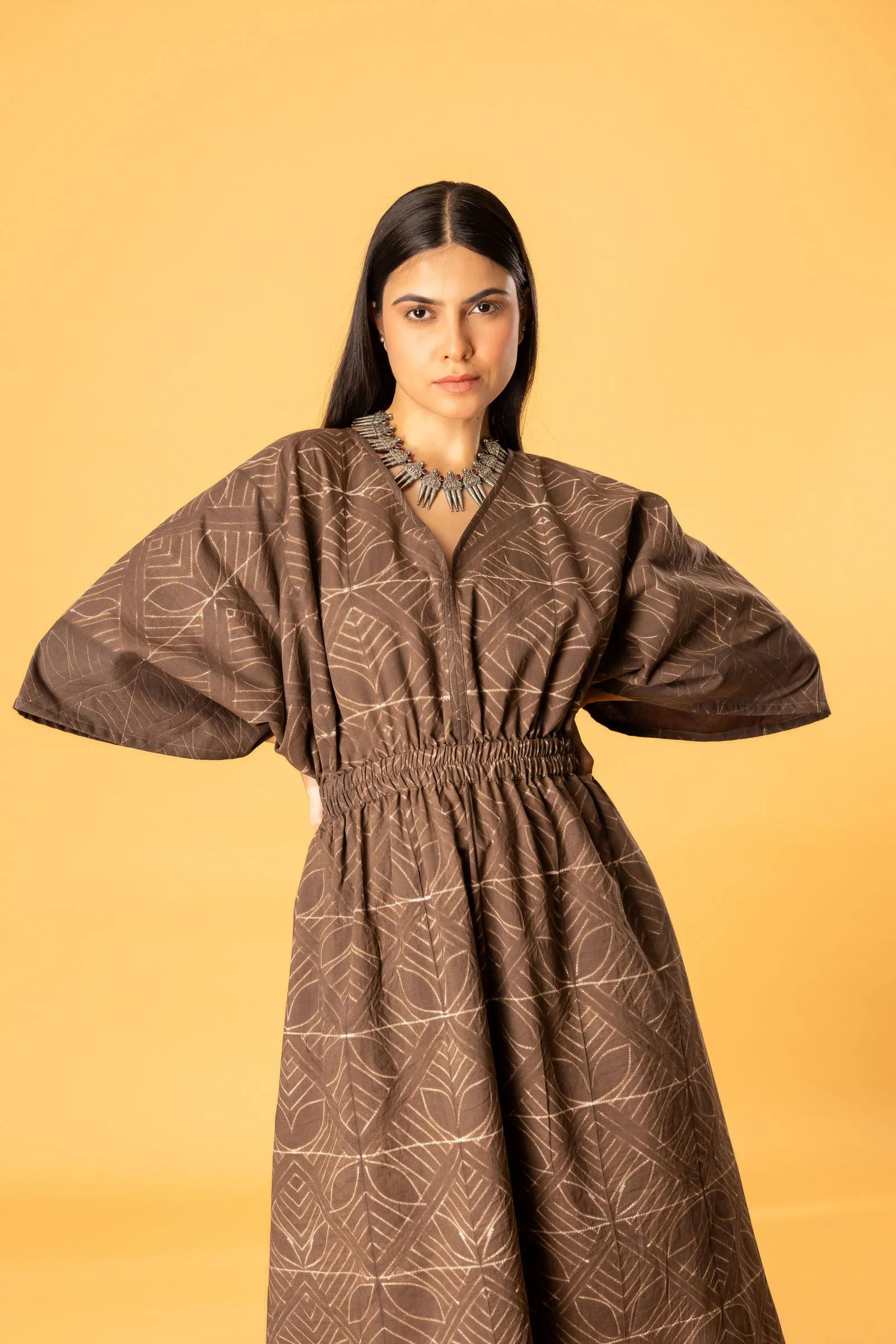 Women Cotton Shibori Vneck Regular Fit Dress Brown