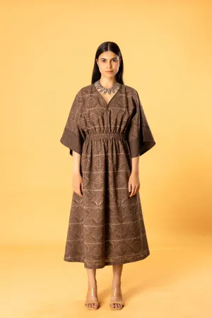 Women Cotton Shibori Vneck Regular Fit Dress Brown
