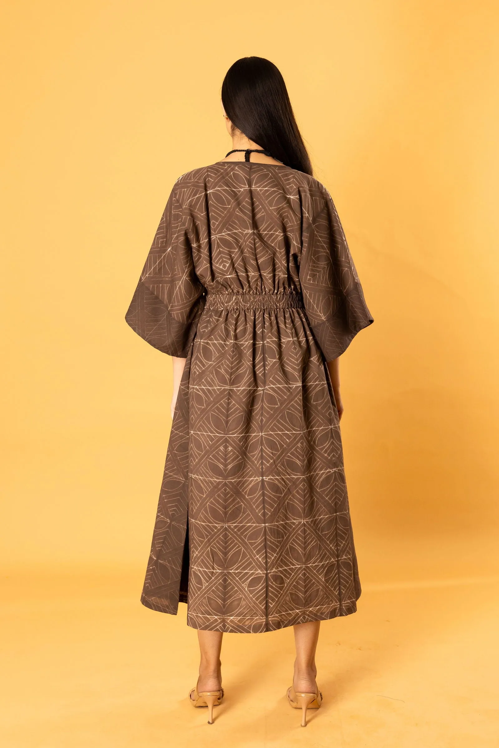 Women Cotton Shibori Vneck Regular Fit Dress Brown